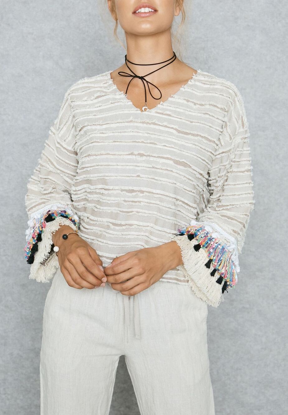 Moon River Pompom Textured Stripe Tassel Mutli-Color Top